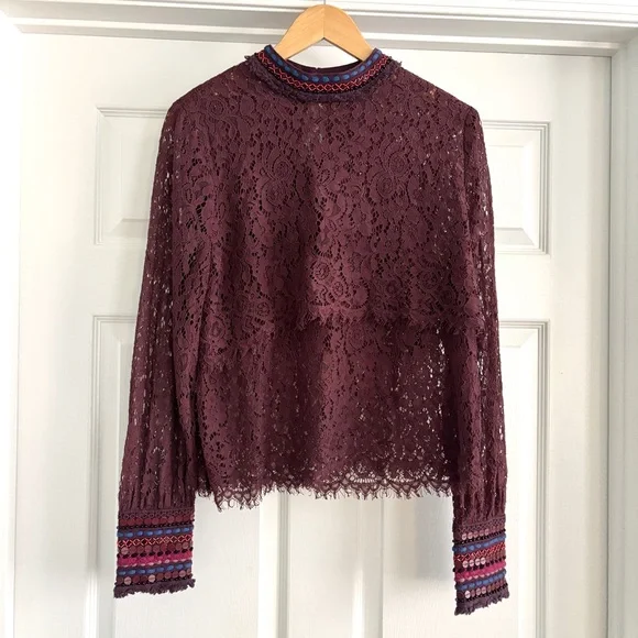 Anthropologie Bl^nk London Wine Lace Savannah Long Sleeve Top Medium - Picture 3 of 13